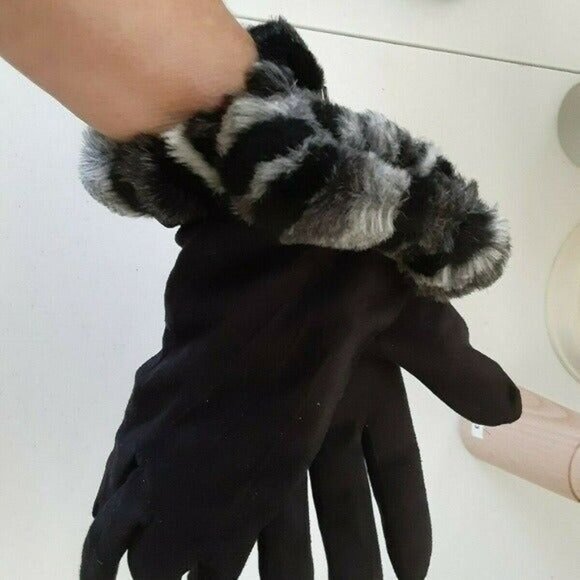 Vintage XS  Women's Faux Fur‎ Trim Gloves Winter Warm Black Gray Animal Print 2 - Picture 7 of 16
